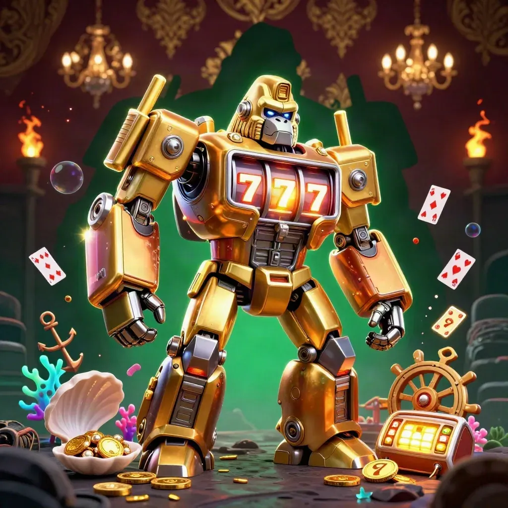 Golden gorilla mech with monkey pilot exploding from an underwater treasure cove, casino lights glowing