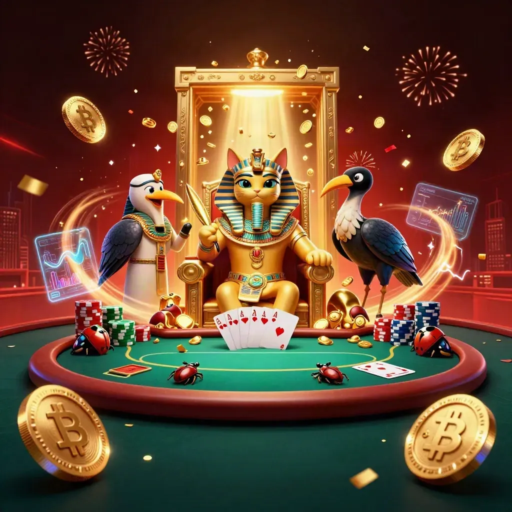 Pharaoh cat, ibis, scarabs, coins, chips, crypto glow, fireworks, vault burst