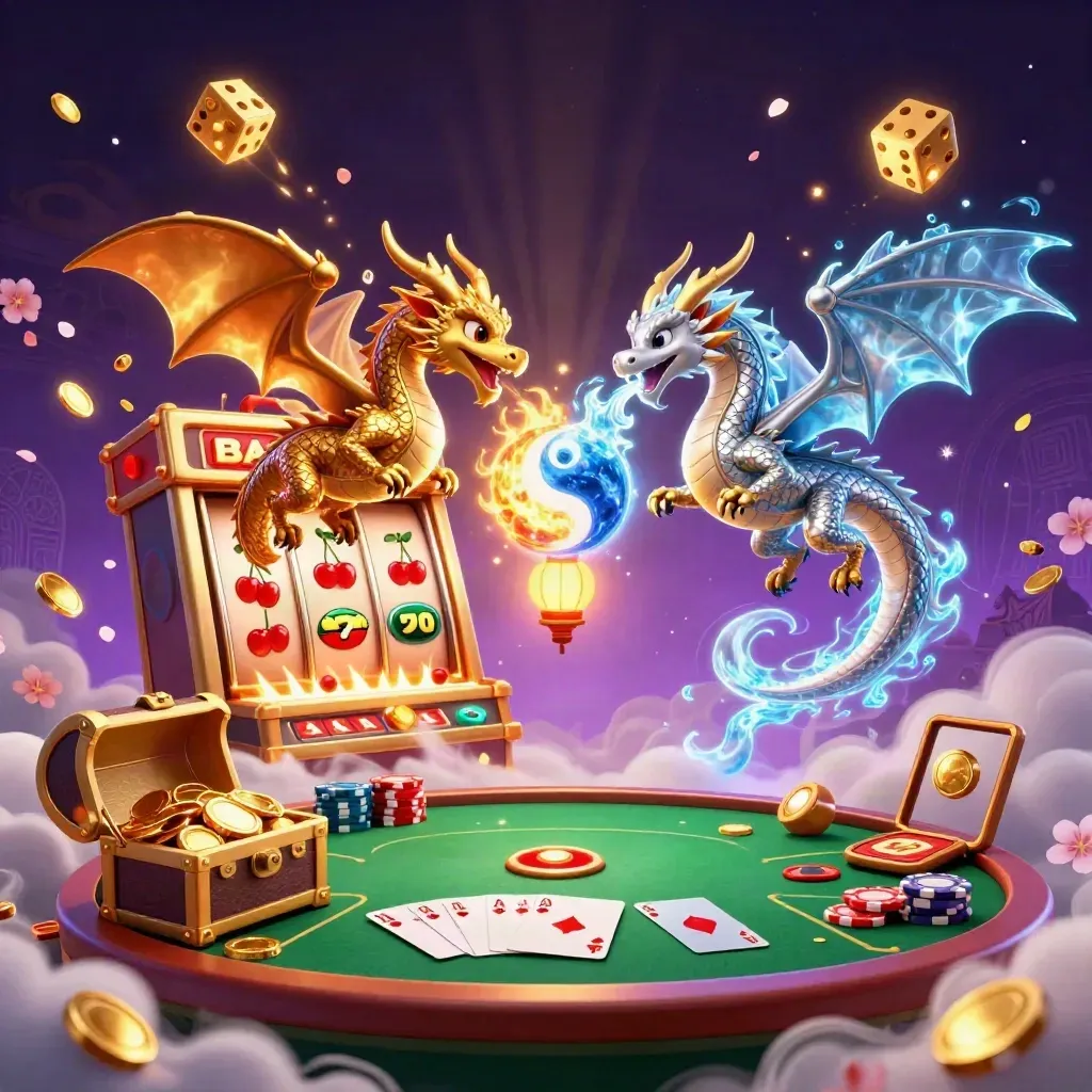 Twin gold and silver dragons orbit a slot machine burst with coins, cards, chips and vault magic.