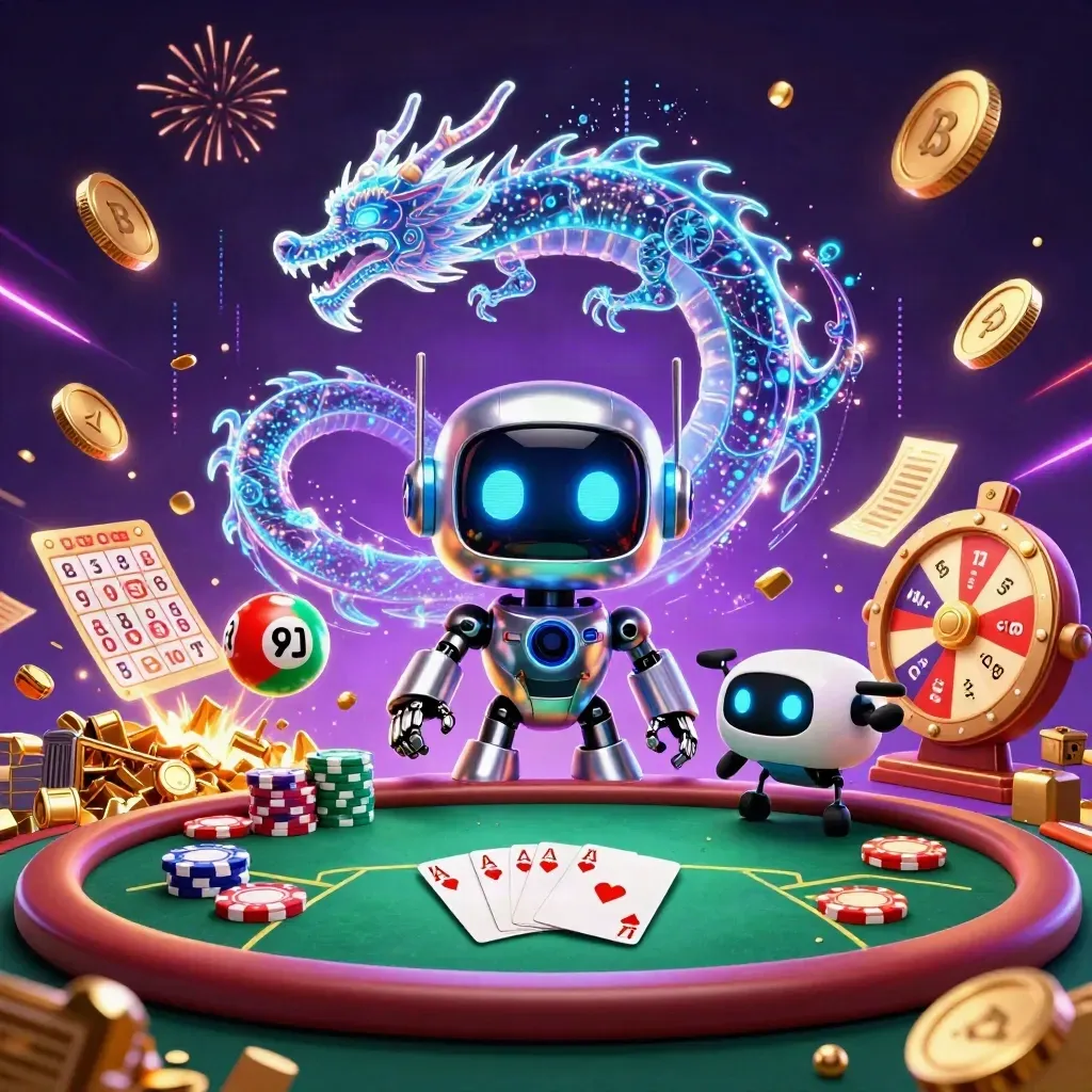 Cyberpunk robot, holographic dragon and coin drone amid poker, coins, wheel, tickets, fireworks.