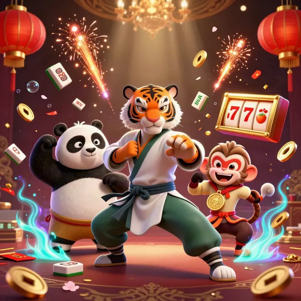 Tiger, panda, and monkey poker heroes amid casino tiles, lanterns, coins, and glowing vault magic.