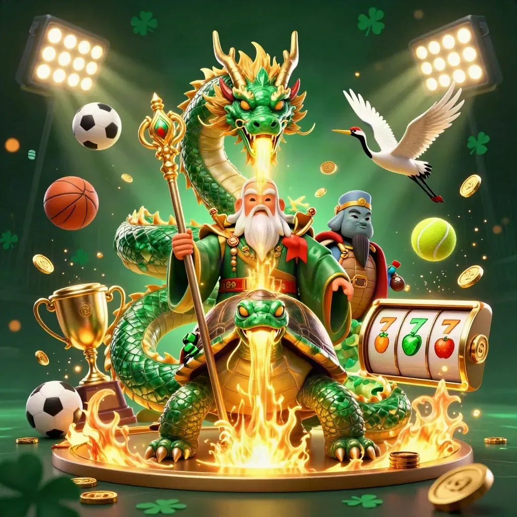 Emerald dragon, turtle sage, and ribbon cranes amid casino balls, coins, and golden fire