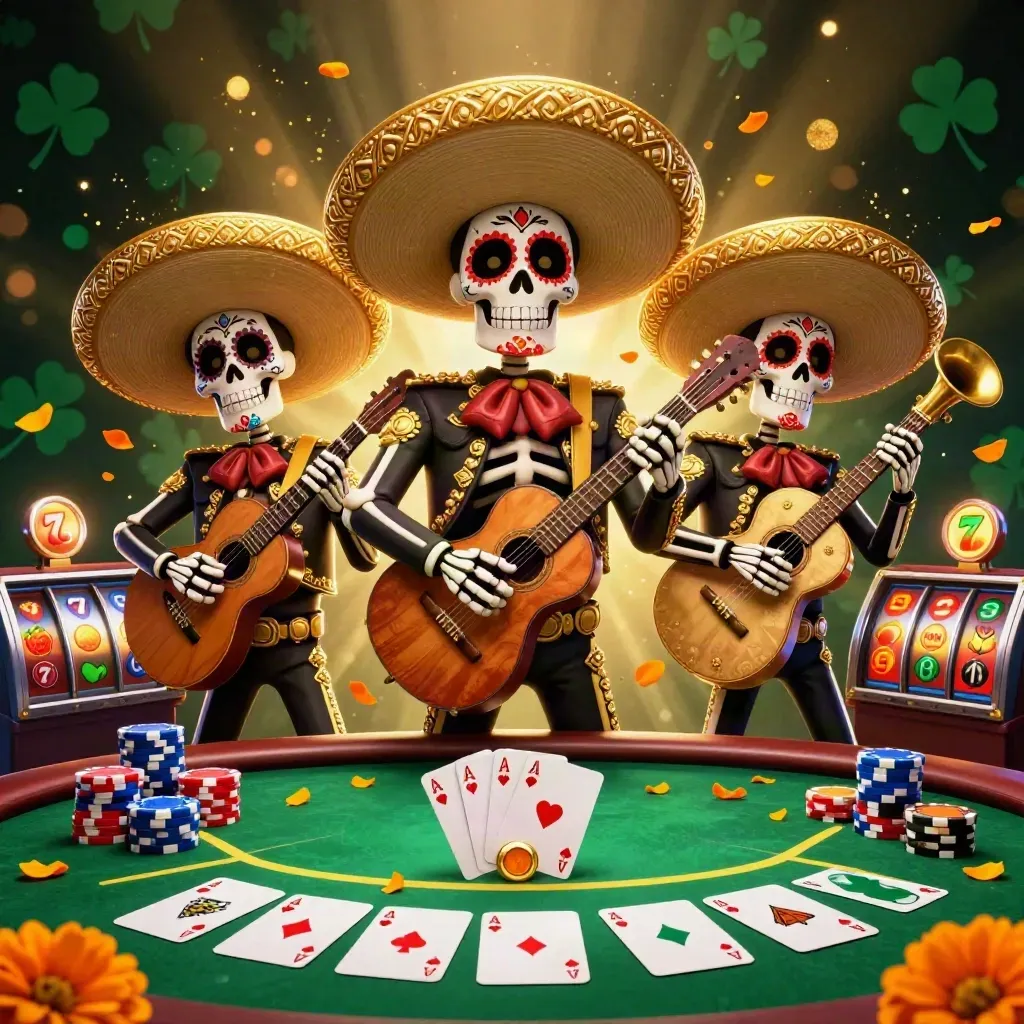 Three skeleton mariachi musicians amid poker chips, cards, slots, and gold casino light