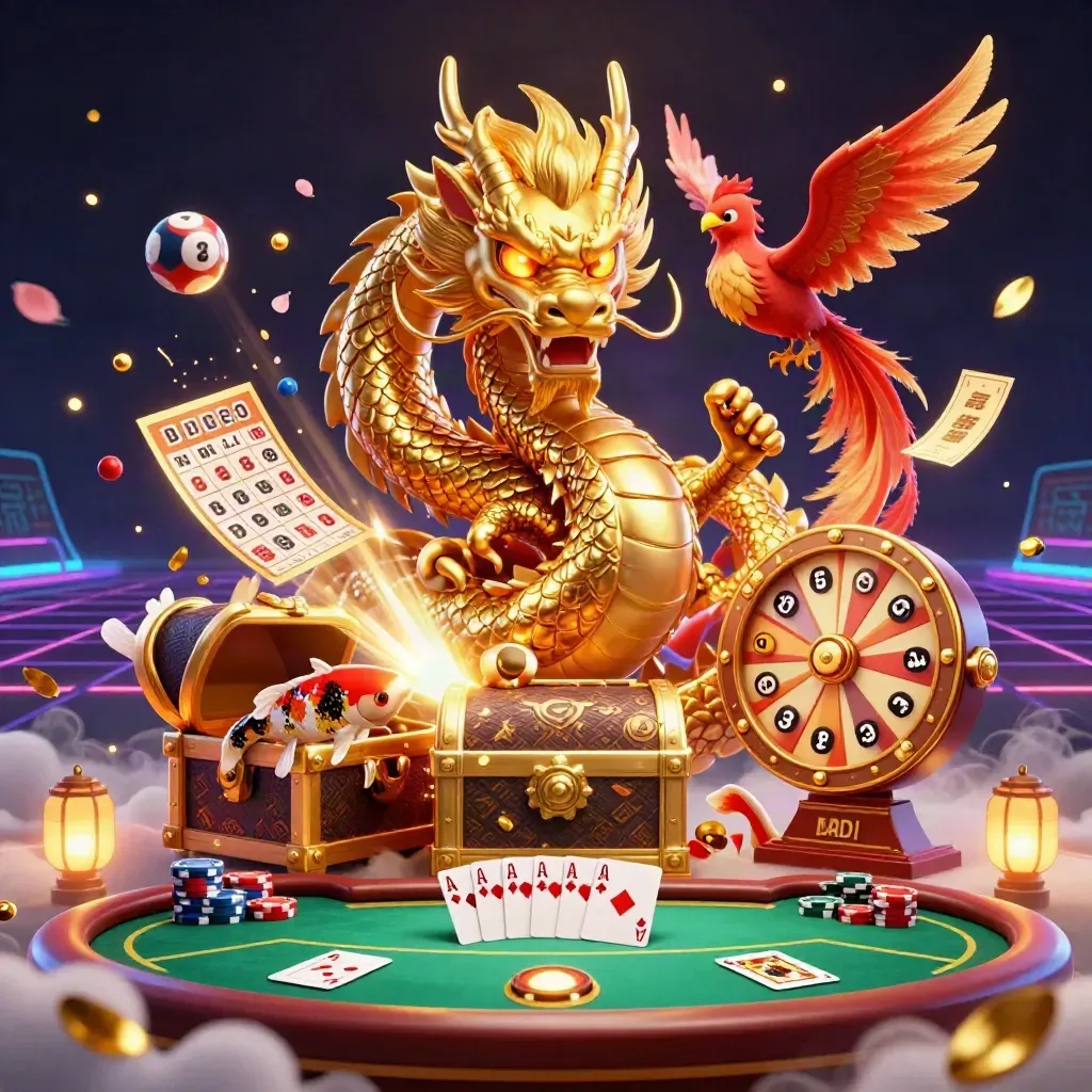 Golden dragon with phoenix, koi, poker chips, and a prize wheel in a luxe neon casino scene.