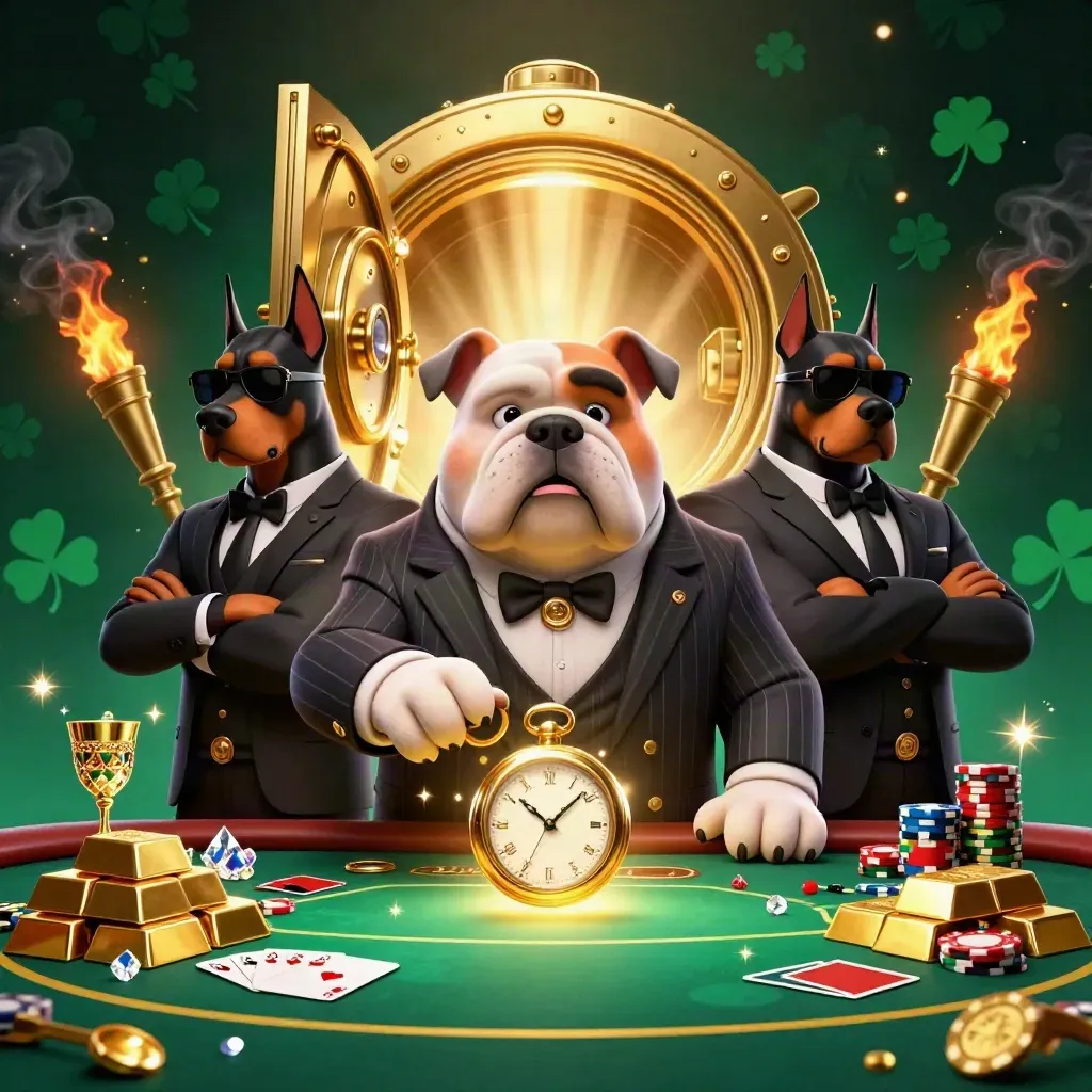 Bulldog mob boss and Doberman guards beside a glowing vault and poker riches