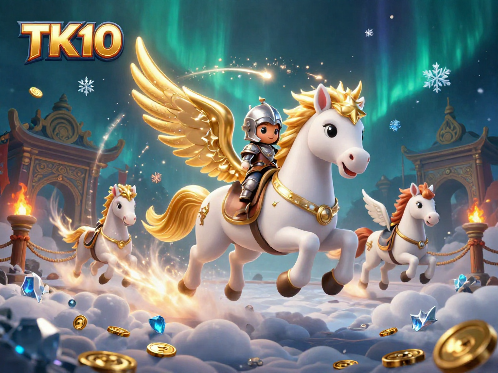 Experience TK10's thrilling casino adventure with a celestial horse and knight in a gaming paradise.