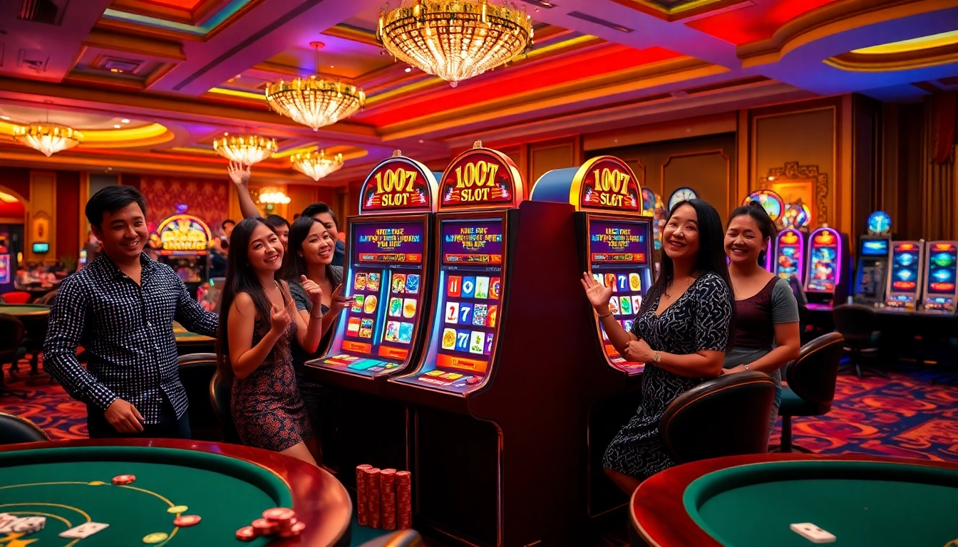 Join the thrill at the dewa slot machine in this bustling casino scene filled with excitement.