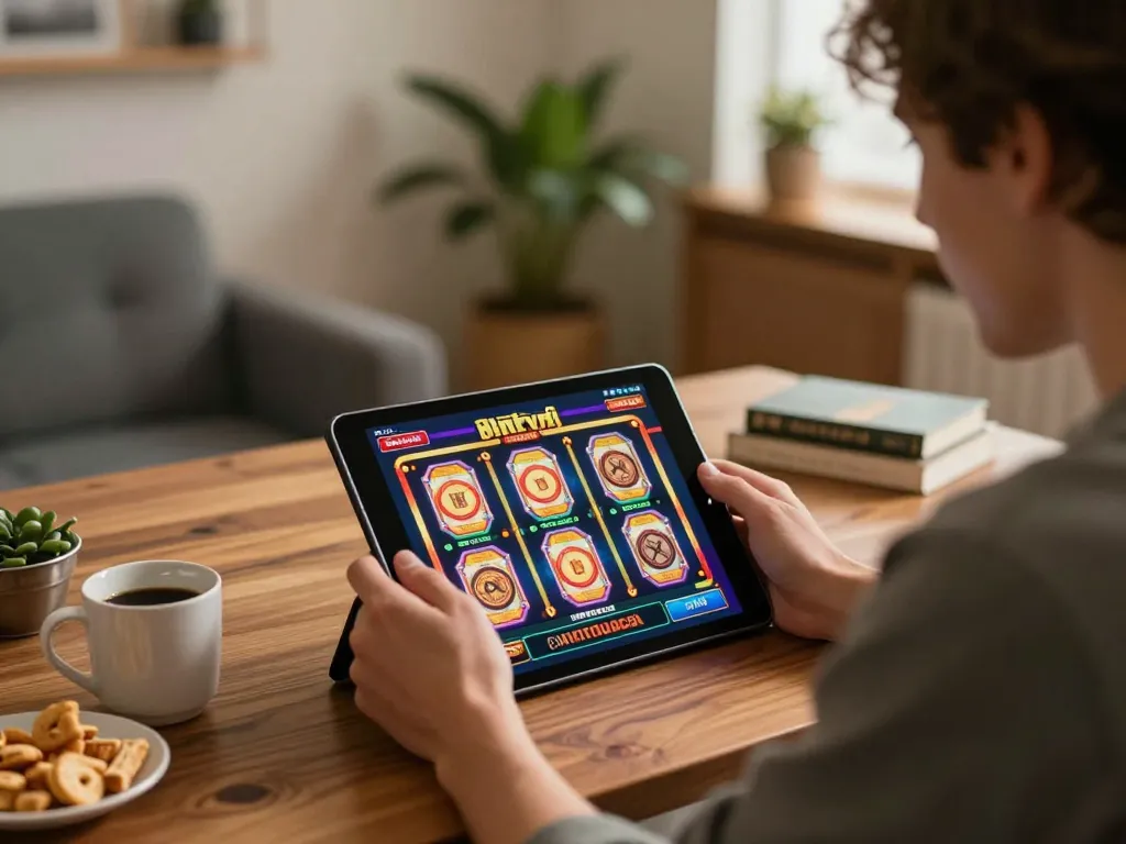 Pemain yang terlibat memutar mesin slot online di tablet dengan grafik yang menarik