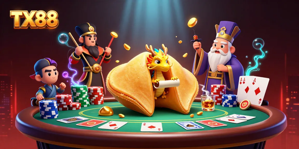 Engage with the dynamic TX88 casino scene, featuring fantasy characters and poker elements.