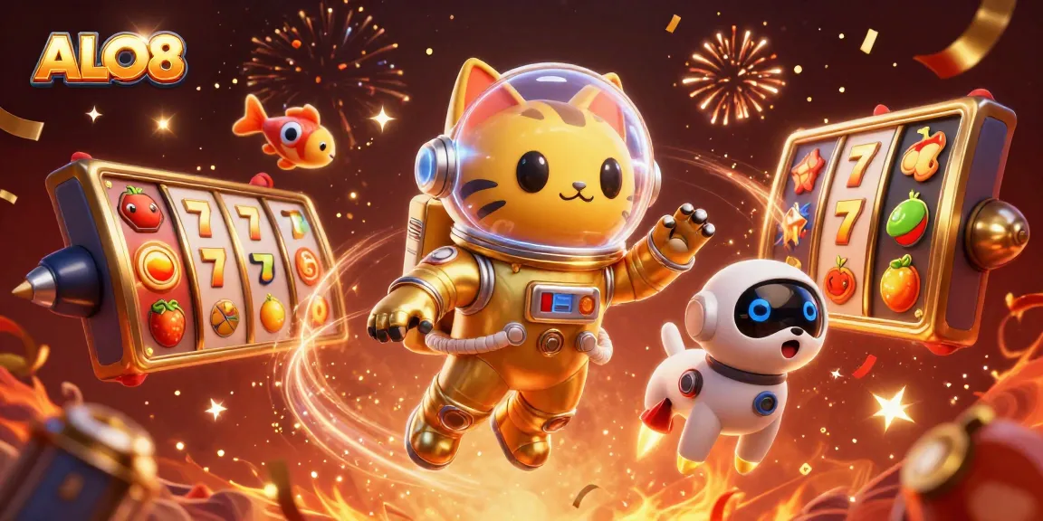 Experience exciting wins at ALO8 with a golden space themed casino adventure full of slot symbols.