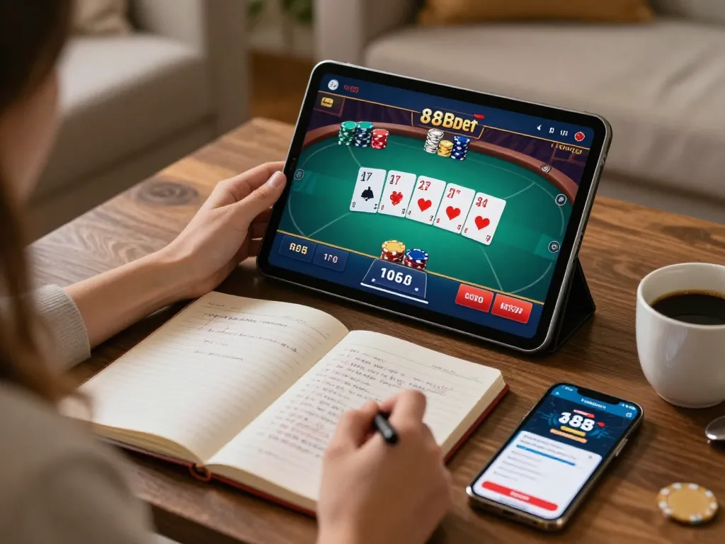 Engaging online gambling scene with a user strategically betting on 88bet from home tablet