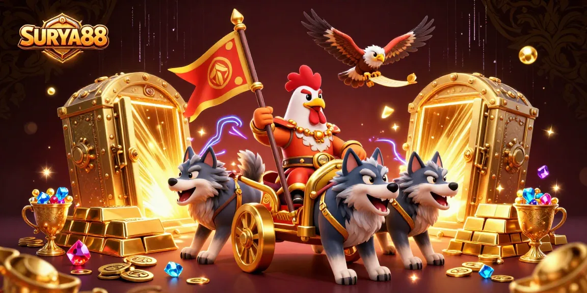 SURYA88 energizes the casino experience with a dynamic scene featuring a rooster warlord and gold treasures.