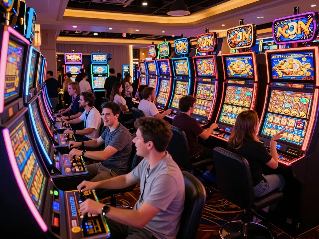 Celebrating wins at vibrant link slot machines in a bustling casino environment