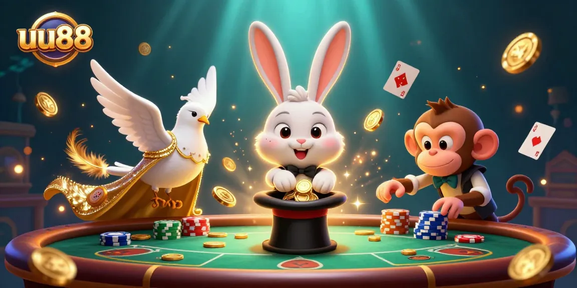 uu88 showcases a magician rabbit, dove, and monkey at a poker table filled with chips and coins.