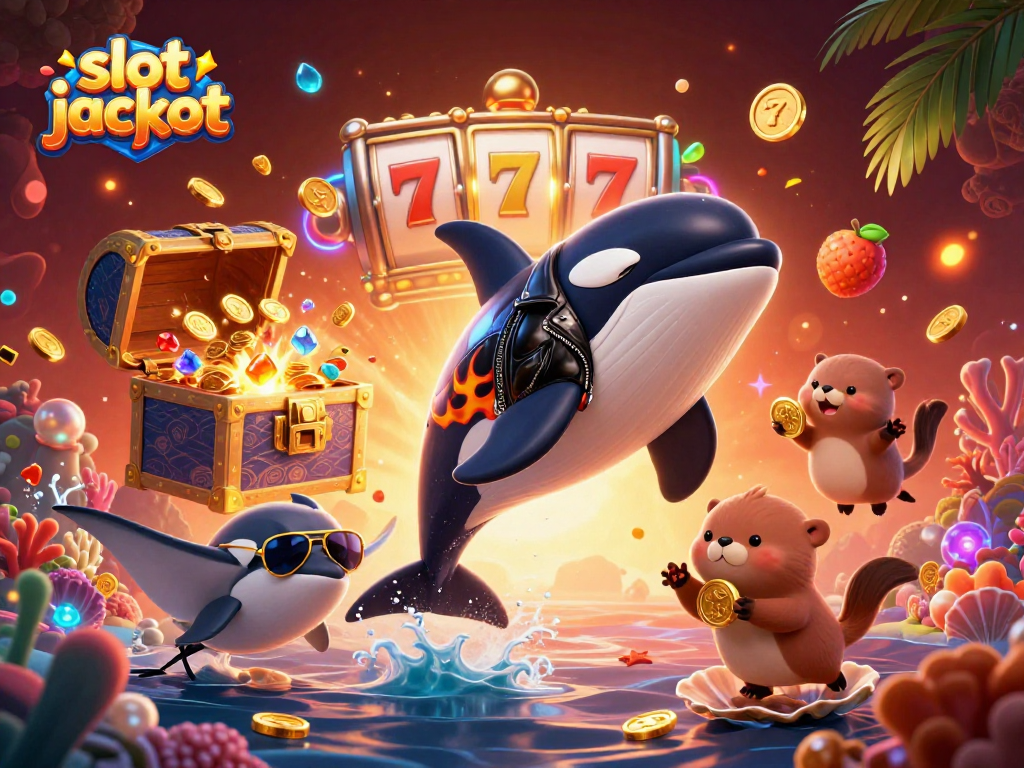 Experience the thrill of slot jackpot with a dynamic 3D illustration featuring an orca, stingray, and otters.