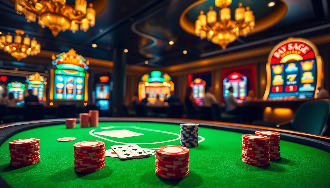 Experience the excitement of bro138 login at a luxurious casino with vibrant poker tables and lights.