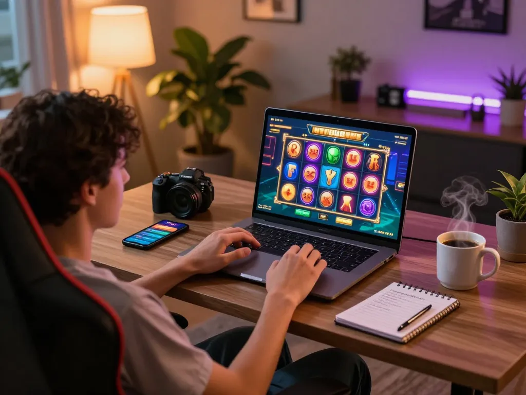 Enjoying a thrilling slot toto game on a laptop, complete with strategies and live betting interface.