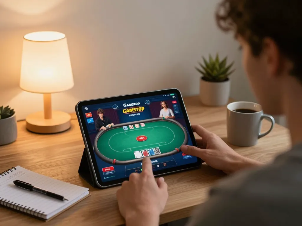 Engaged player accessing casinos not on Gamstop through tablet while focusing on poker strategy.