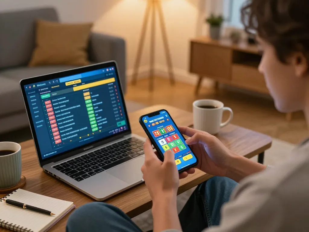 Xổ Số MM99 user enjoying mobile lottery game on smartphone in cozy home setting