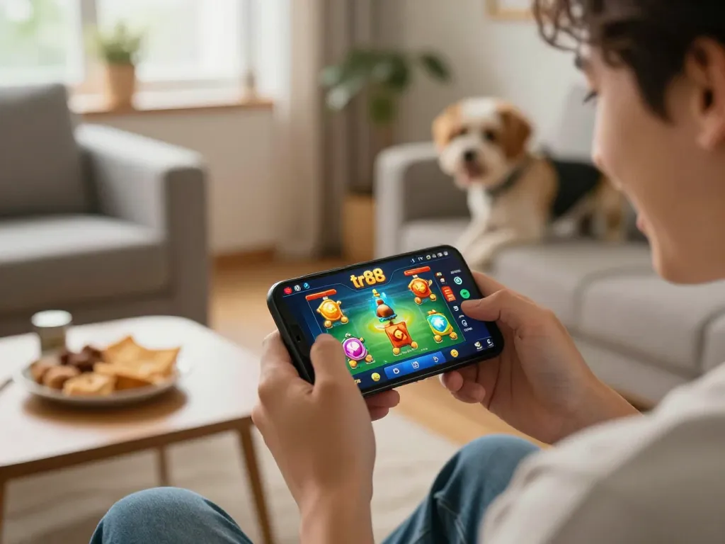Engaging mobile gaming experience with tr88 game app on smartphone in a cozy home