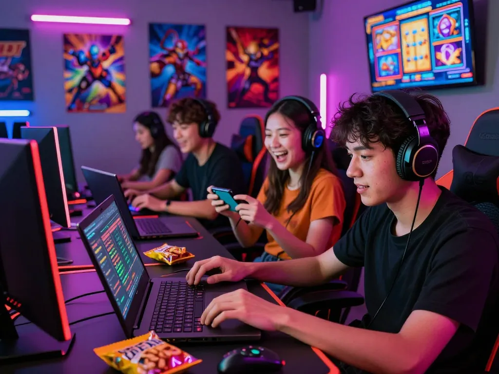 Players enjoying the excitement of slot gacor games in a vibrant gaming space with dynamic atmosphere.