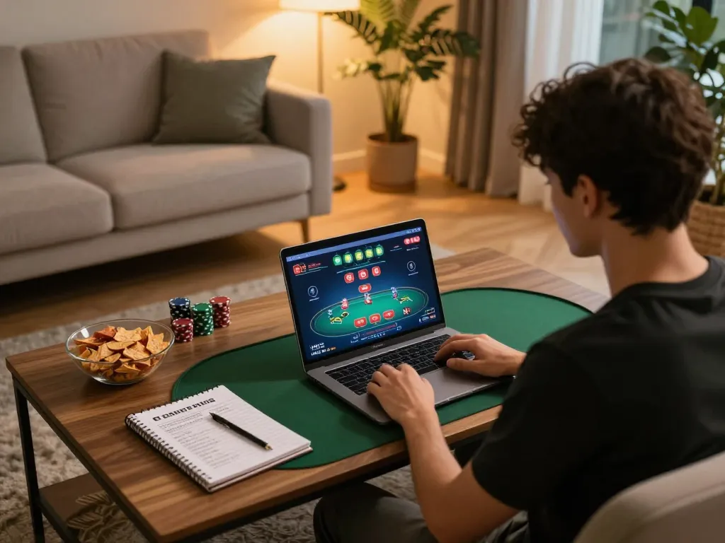 Player engaging in online gaming at home with 789win club, showcasing a poker game interface and cozy environment