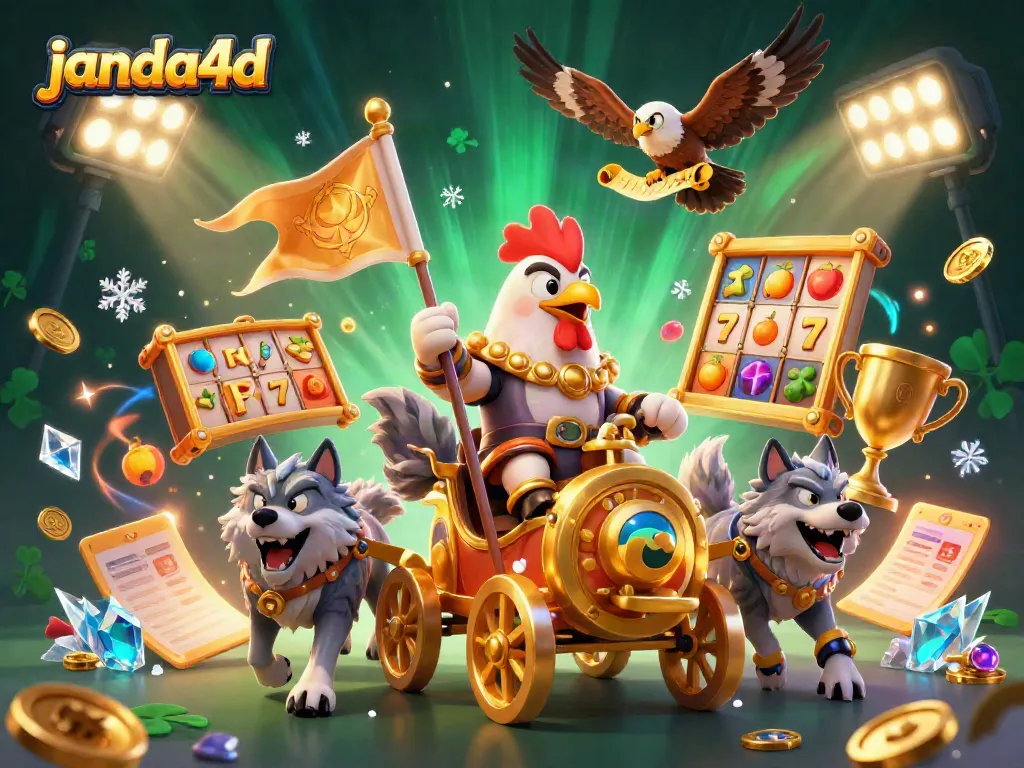 Ilustrasi janda4d yang kaya detail dengan karakter kasino dan simbol keberuntungan.