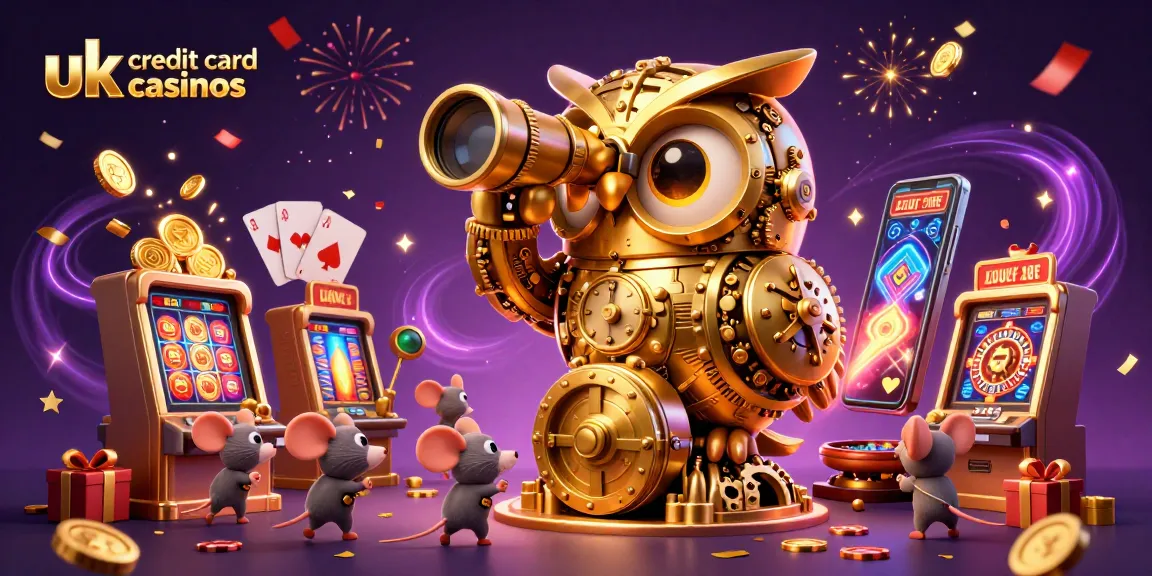 Experience the excitement at uk credit card casinos with a golden owl and whimsical casino elements.
