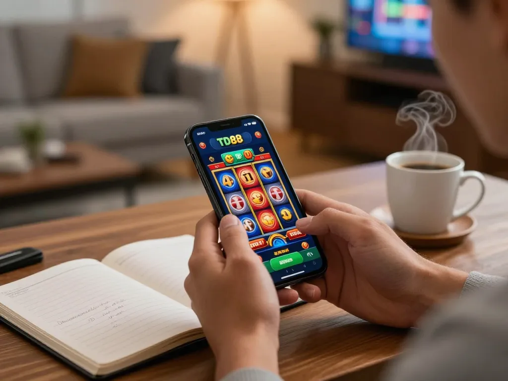 Engaged player placing a TD88 bet on their smartphone during a cozy home gaming session.