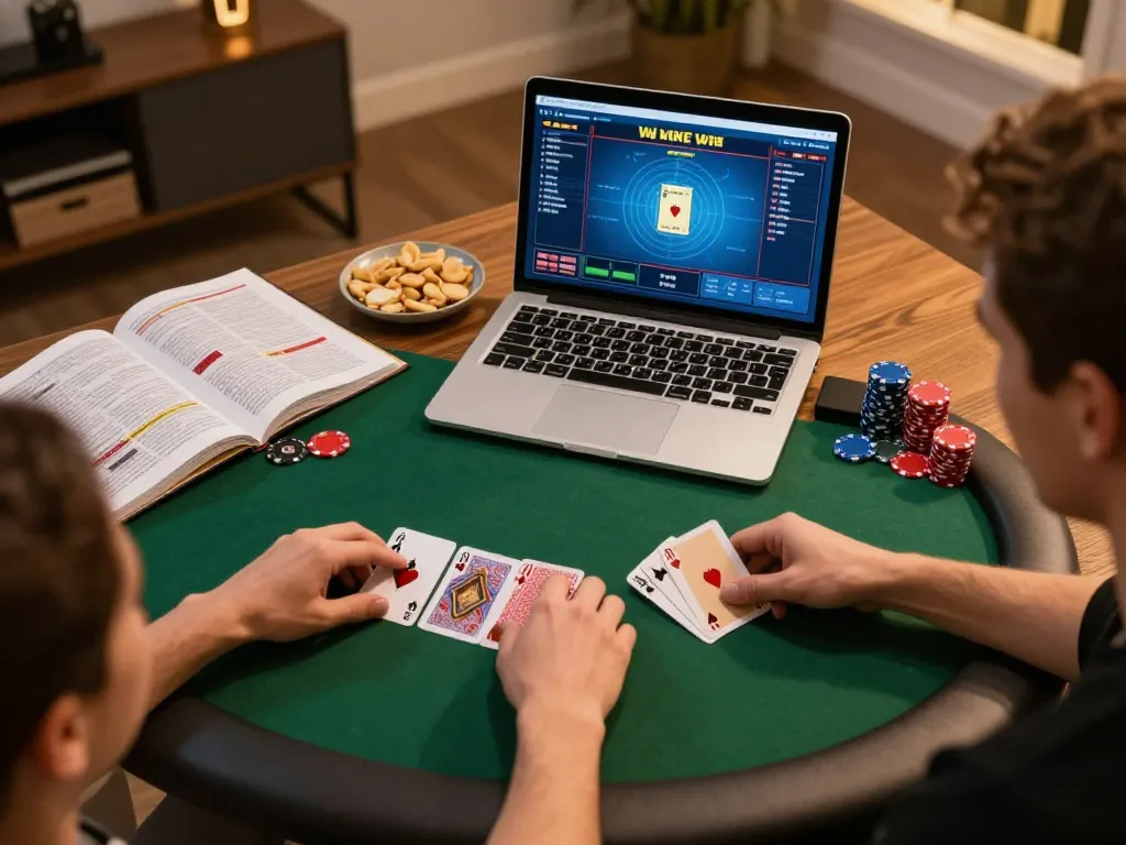 CasinoAtlas shows exciting online poker gameplay in a cozy home office setting.
