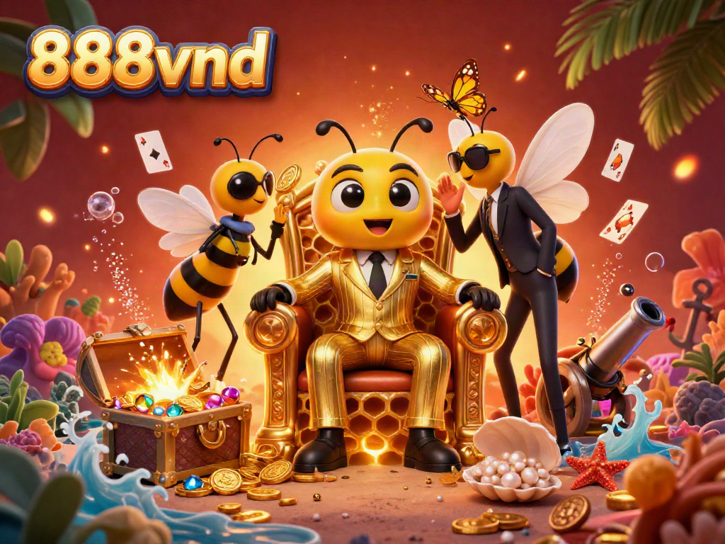 Experience thrilling gameplay at 888vnd with a dynamic casino scene featuring vibrant characters and gold.