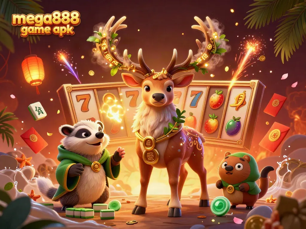 Mega888 game apk showcases thrilling slot games in an enchanting 3D casino scene filled with character and excitement.