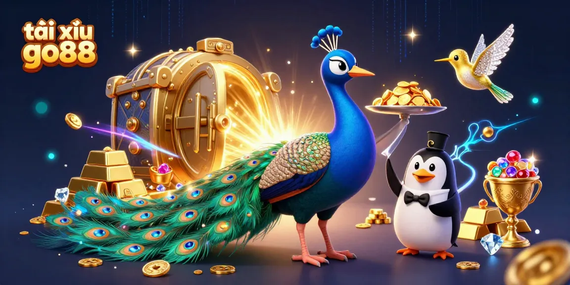 Tài xỉu go88 showcases a 3D peacock and a butler penguin in a rich casino environment bursting with treasures and electrifying details.