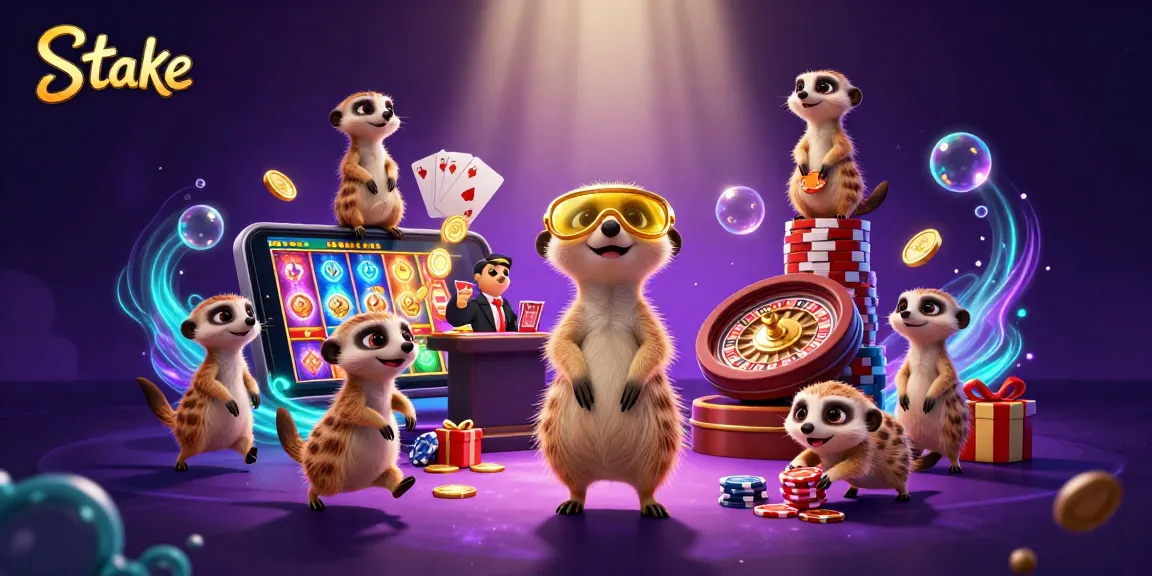 Experience the excitement of Stake with meerkats running a vibrant casino operation in a colorful 3D illustration.
