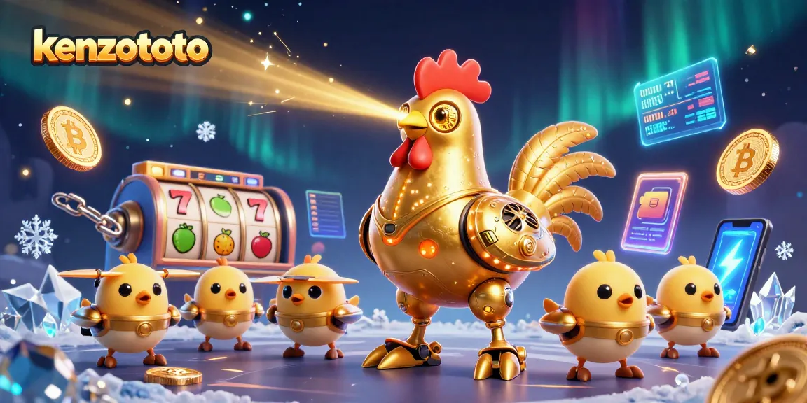 Engage with kenzototo's dynamic casino visuals featuring a golden rooster robot and baby chick drones in a lively casino scene.