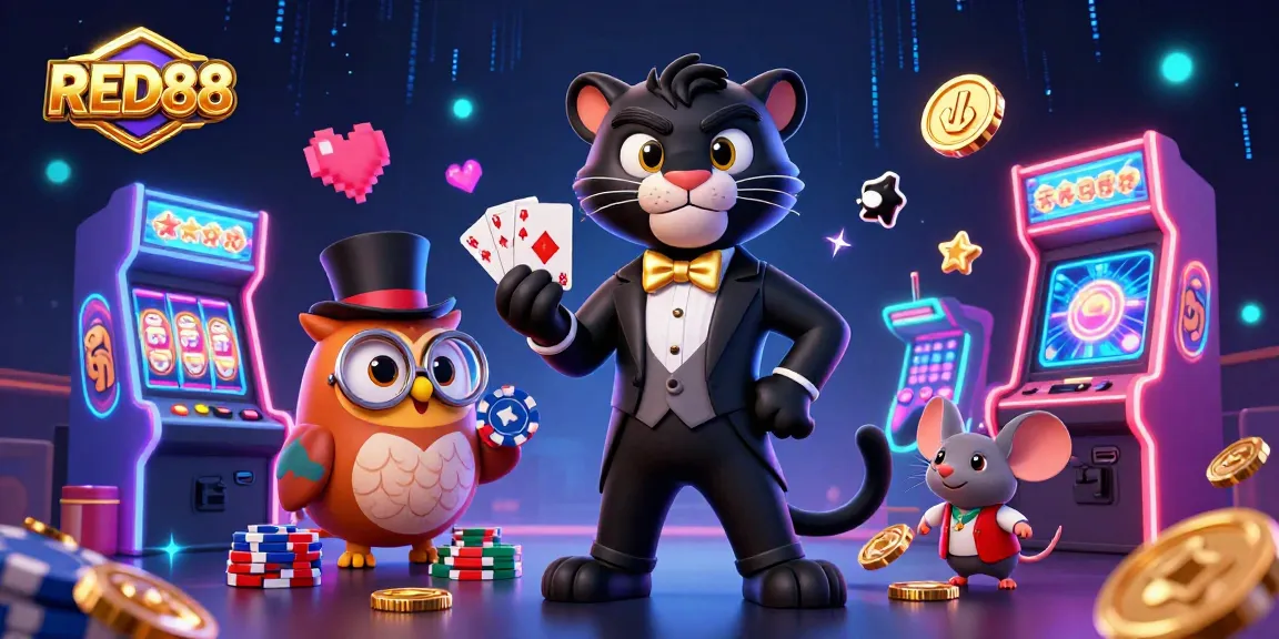 Experience excitement at RED88 with a stylish tuxedo panther, poker chips, and slot reels.