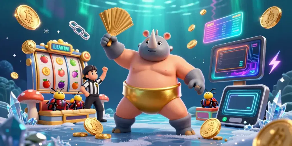 Experience thrilling slots at LLWIN as a sumo beetle stomps coins, embodying the excitement.