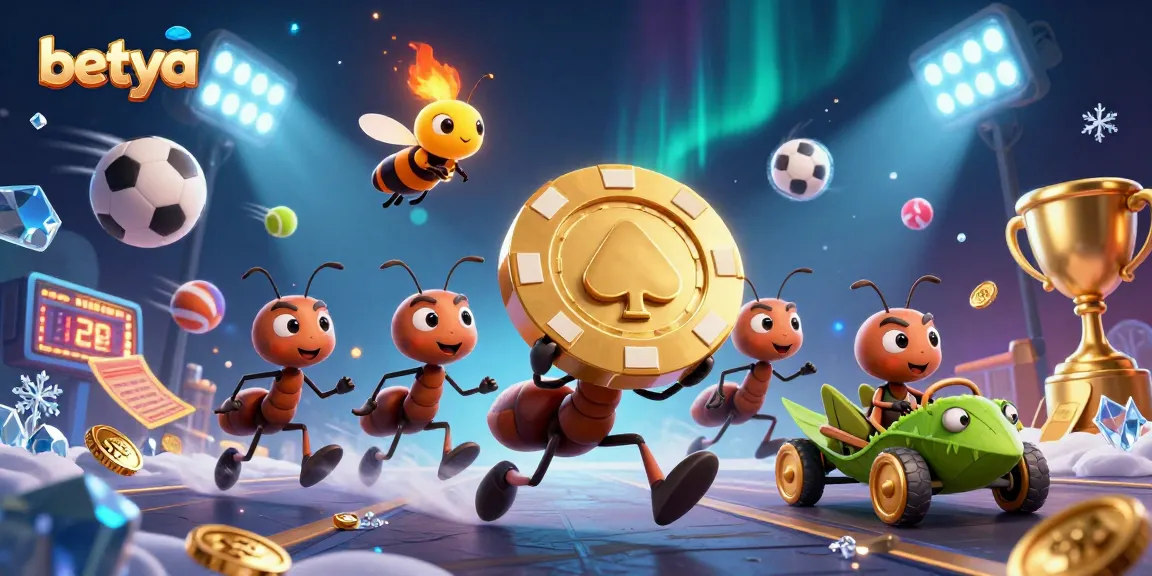 Engage with betya as cartoon ants heist a giant poker chip amidst vibrant sports dynamics.