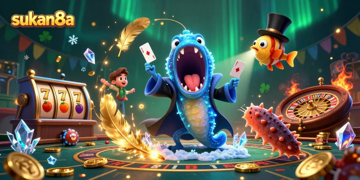 Sukan8a showcases a magical casino scene with vibrant characters performing card tricks amidst slot reels and gold coins.