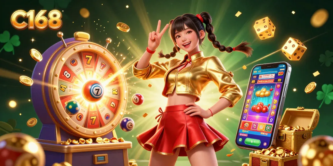 C168 casino scene with a joyful Asian woman and colorful games exploding with prizes.