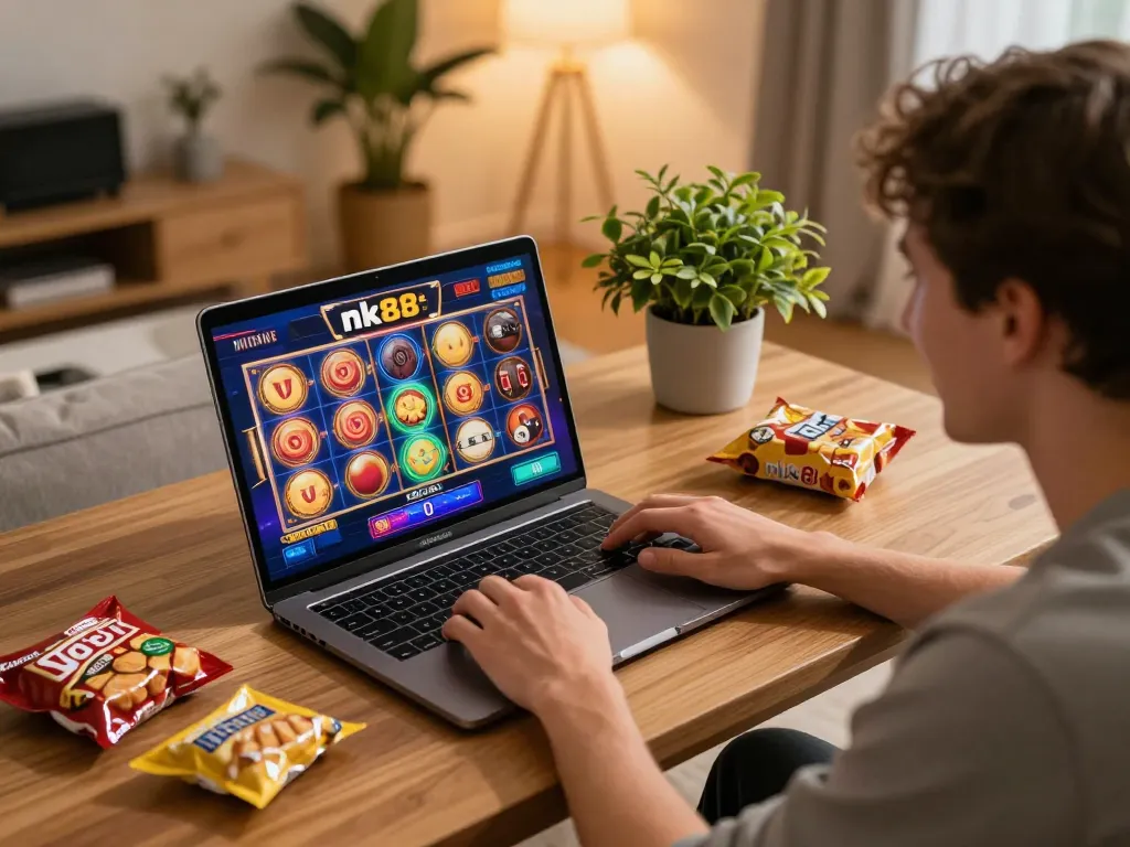 Engaging with nk88 bet online slot game on laptop in a cozy home setting, showcasing excitement