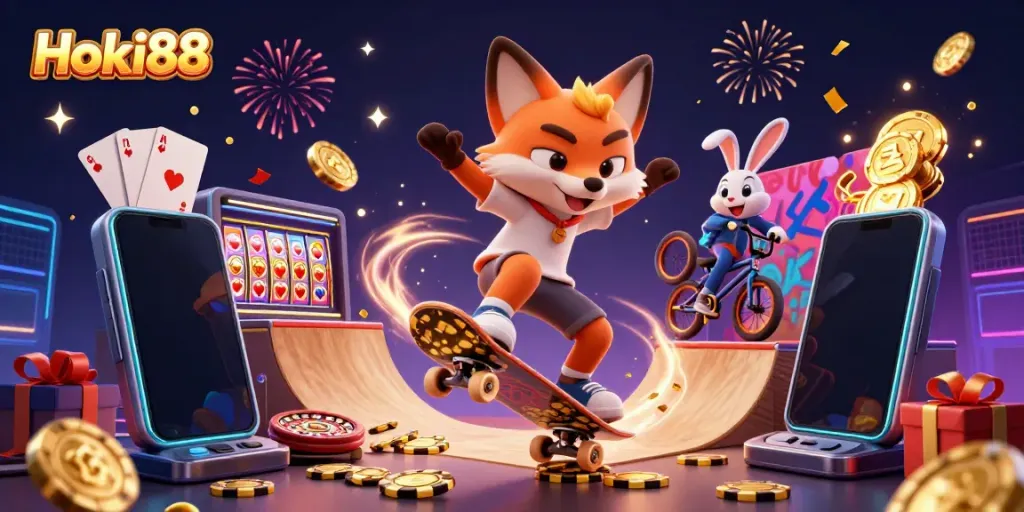 Hoki88 menghadirkan ilustrasi kasino 3D yang menarik dengan simbol permainan slot dan chip poker.