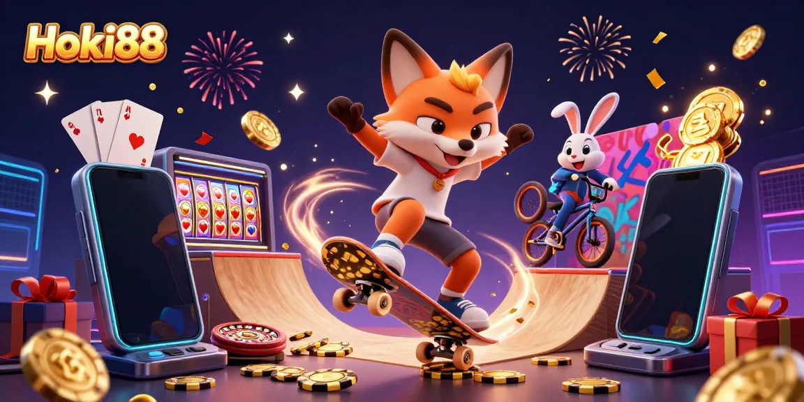 Hoki88 menghadirkan ilustrasi kasino 3D yang menarik dengan simbol permainan slot dan chip poker.