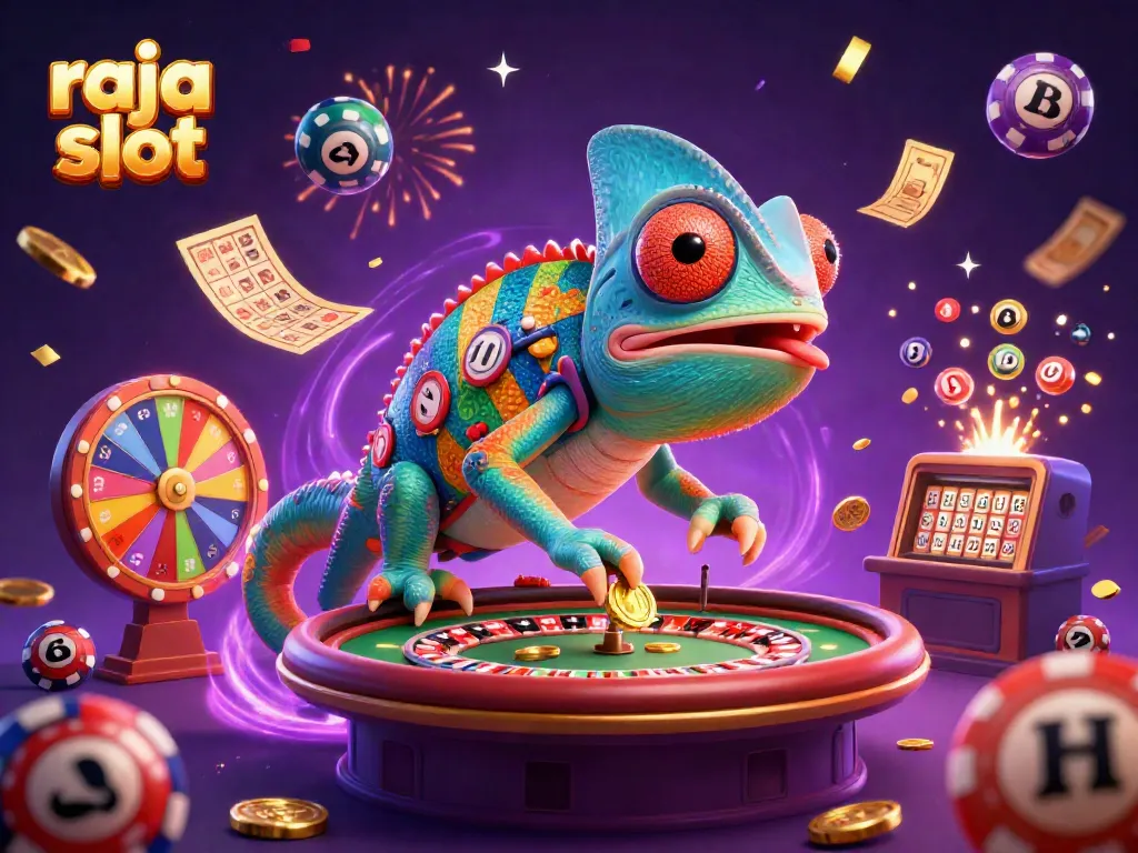 Raja slot tampil dinamis dengan kameleon kasino, bola lotere, dan elemen permainan yang meriah.