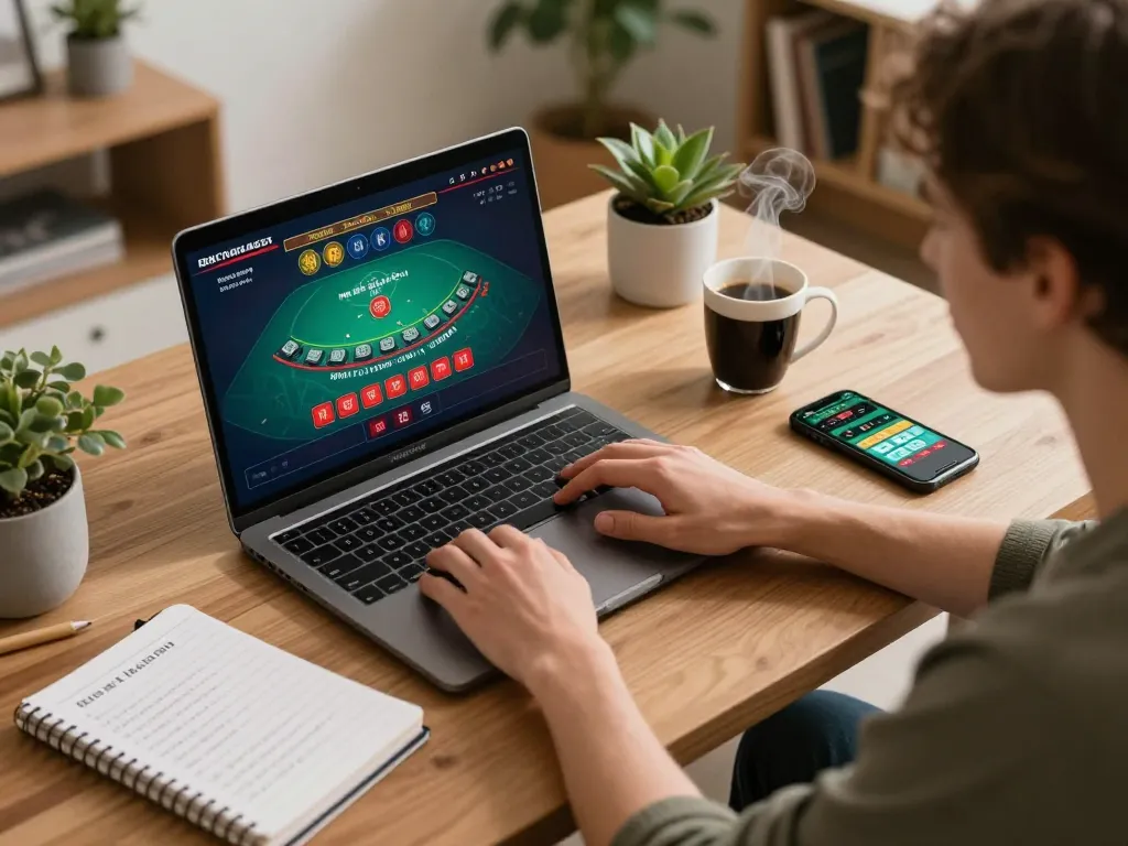 Engaging in live blackjack gameplay on a laptop in a cozy home setting, showcasing Canadian online casinos