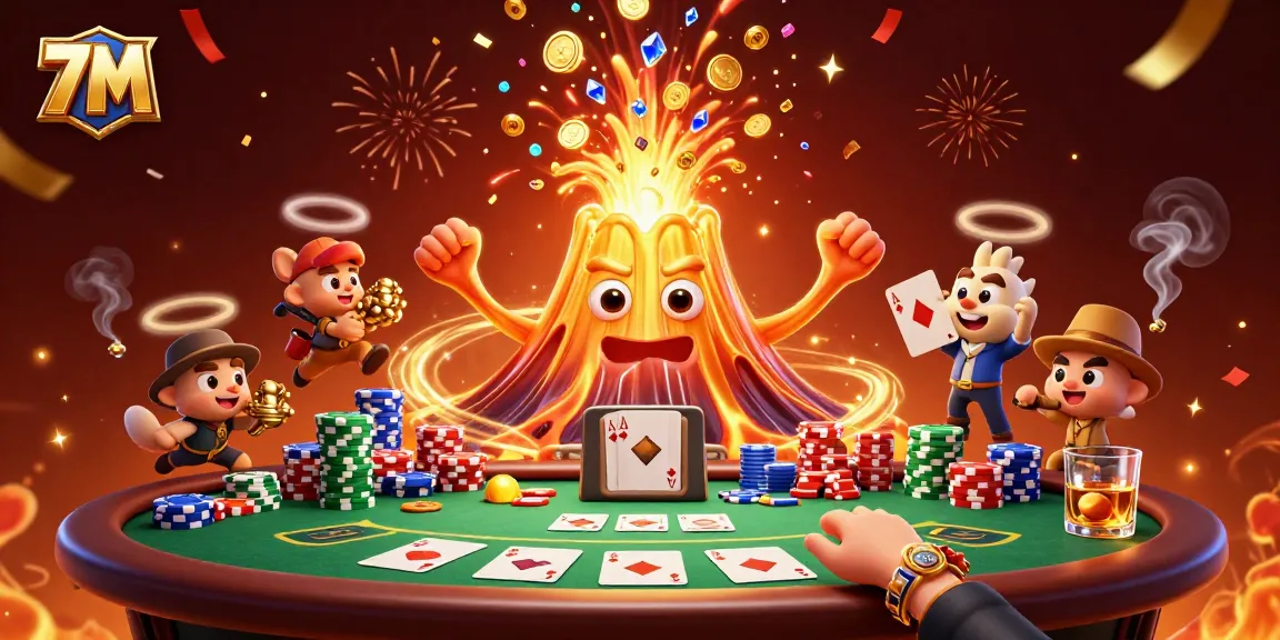 Experience the thrill of 7M as the golden volcano erupts with treasures, surrounded by poker excitement.