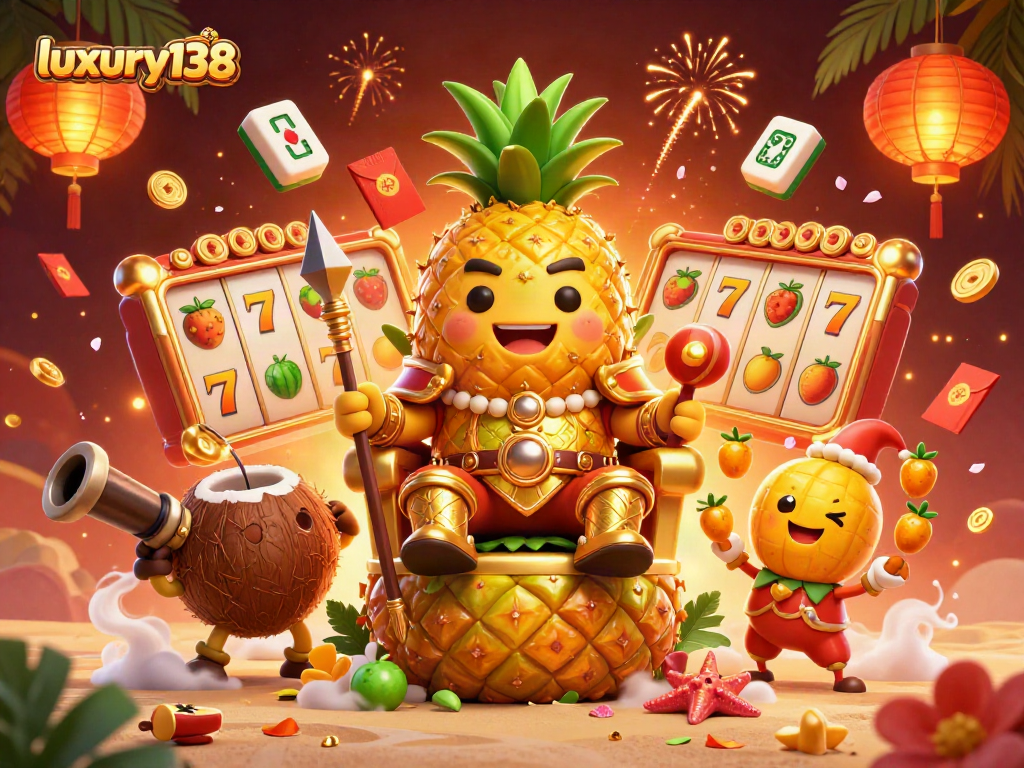 Engage with luxury138's exciting slot experience featuring a vibrant casino scene with a golden king and enchanting elements.