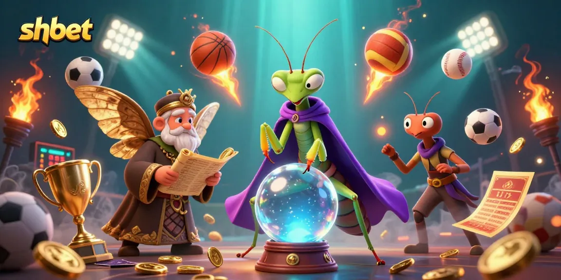 Engage with shbet's dynamic sports betting scene, featuring fortune teller and moth librarian among flying sports elements.