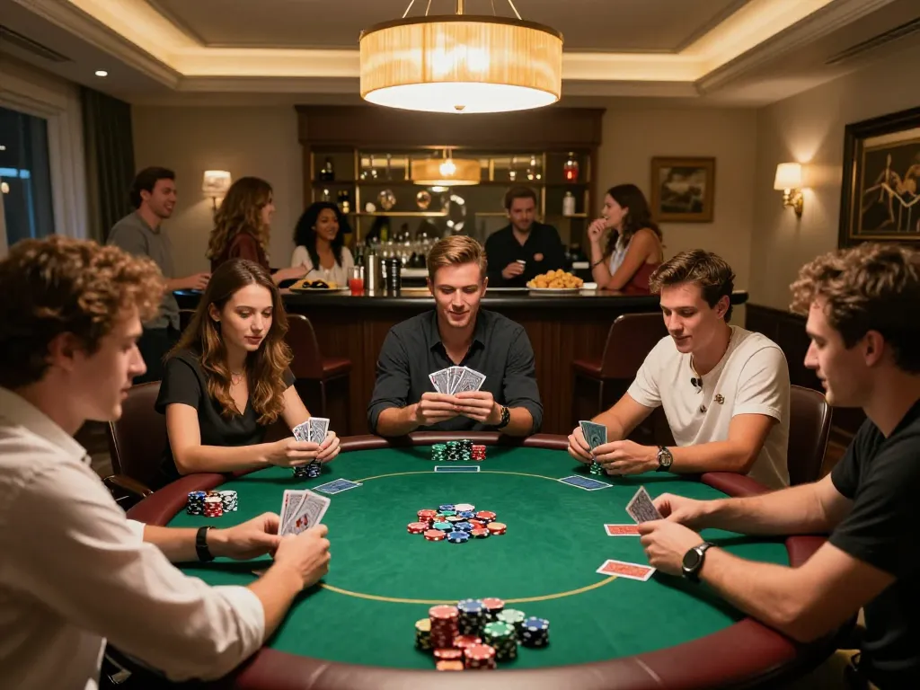 Friends playing Poker Online Domino QQ around a green felt table in an inviting home setup, with colorful chips and warm lighting.