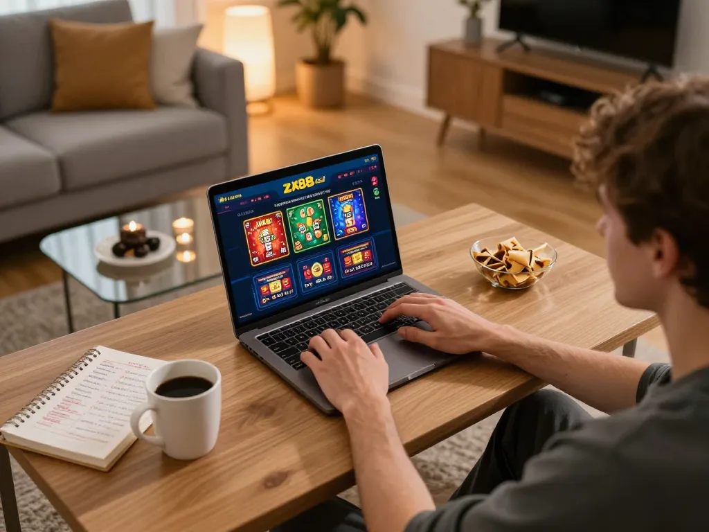 Engaged user navigating zx88 com for online casino gameplay in a cozy home setting